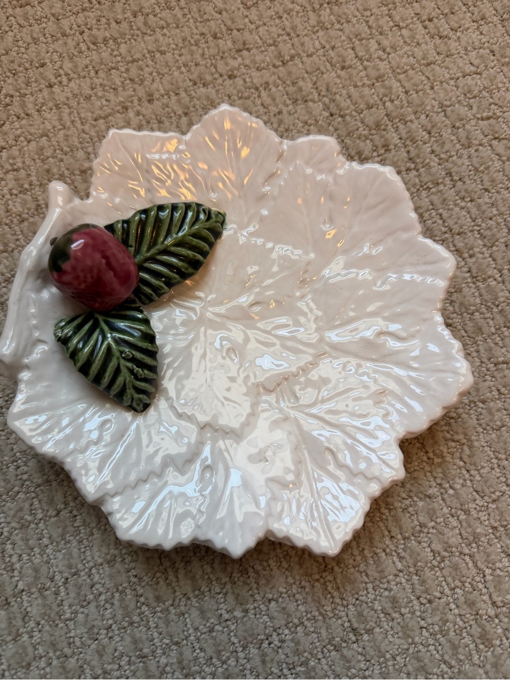 White cabbage glazed pottery plate with strawberry Made in Portugal
